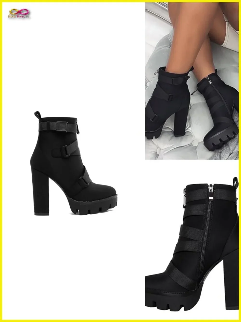 Chunky Heel Platform Booties Lace Up Side Zipper